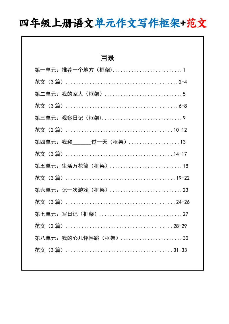 四上语文1-8单元作文写作框架+范文34页-独家科技资源网