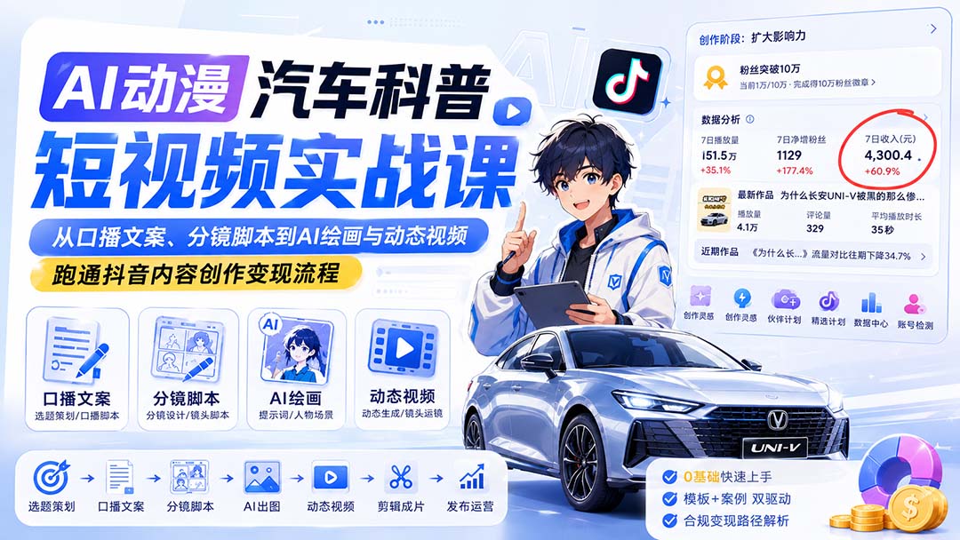 AI动漫汽车科普短视频实战课:从口播文案、分镜脚本到AI绘画与动态视频,跑通抖音内容创作变现流程-独家科技资源网