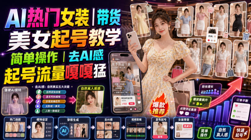 AI热门女装带货丨美女起号教学，简单操作，去AI感，起号流量嘎嘎猛-独家科技资源网