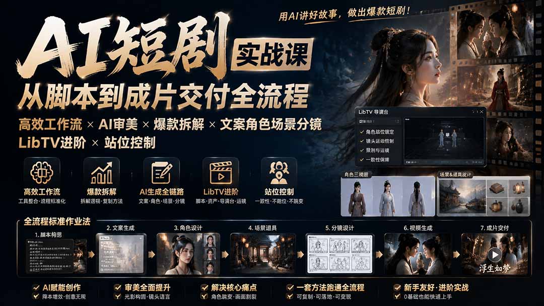 AI短剧实战课:高效工作流×AI审美×爆款拆解×文案角色场景分镜×LibTV进阶×站位控制×从脚本到成片交付全流程-独家科技资源网