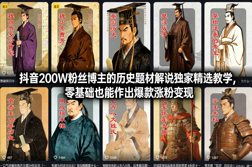 抖音200W粉丝博主的历史题材解说独家精选教学，零基础也能作出爆款涨粉变现-独家科技资源网