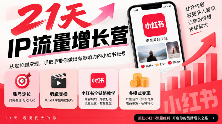 21天IP流量增长营,小红书全链路教学,账号定位剪辑实操,多模式变现系统课-独家科技资源网