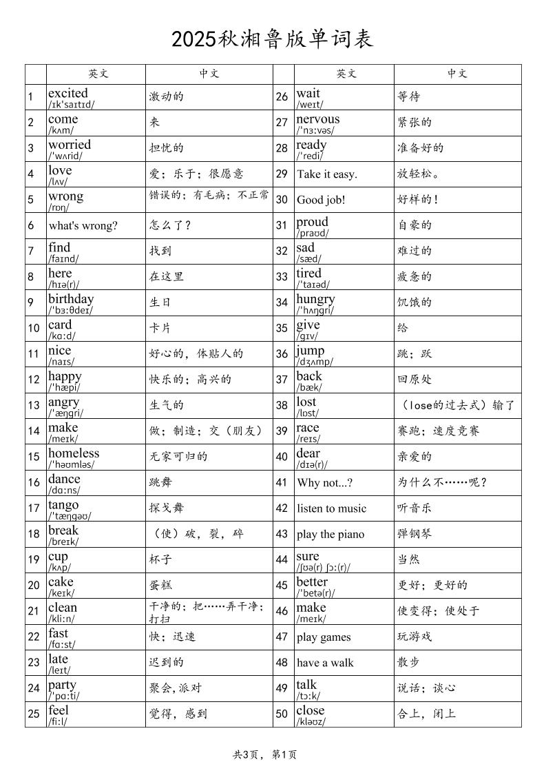 2025秋四上英语湘鲁版单词表-独家科技资源网