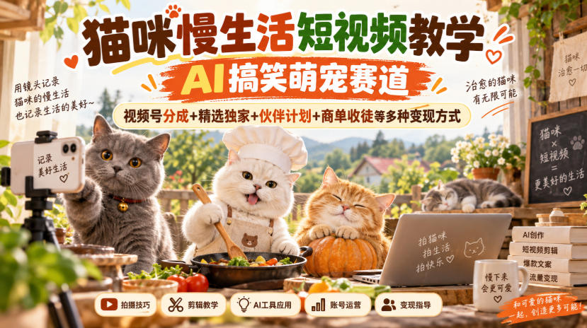猫咪慢生活短视频教学，AI搞笑萌宠赛道，视频号分成+精选独家+伙伴计划+商单收徒等多种变现方式-独家科技资源网