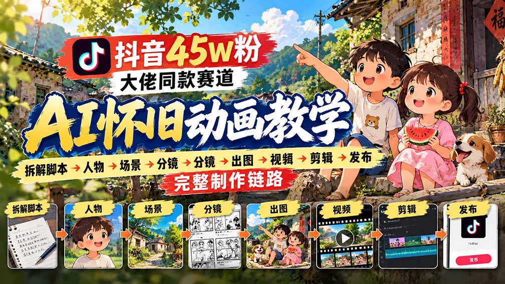 抖音45W粉大佬同款赛道AI怀旧动画教学:拆解脚本→人物→场景→分镜→出图→视频→剪辑→发布完整制作链路-独家科技资源网