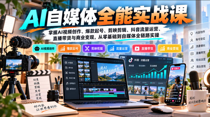 【无水印】AI自媒体全能实战课，掌握AI视频创作、爆款起号、剪映剪辑、抖音流量运营、直播带货与商业变现，从零基础到自媒体全链路实操-独家科技资源网