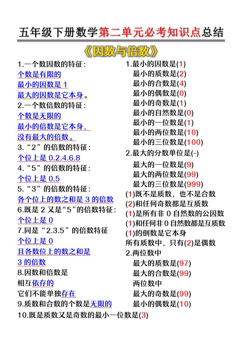 五年级下数学第二单元必考知识点总结-独家科技资源网