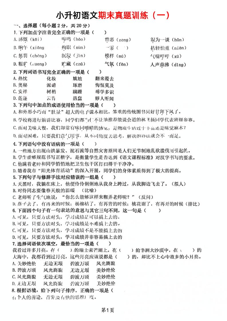 《小升初语文期末真题训练》-独家科技资源网