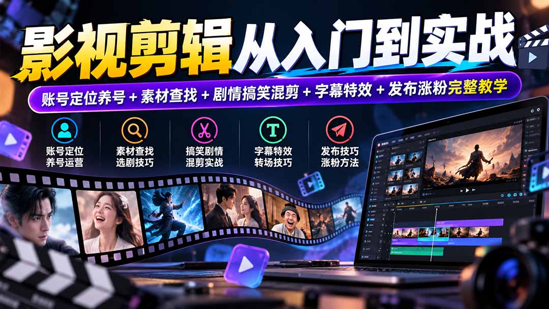影视剪辑从入门到实战:账号定位养号+素材查找+剧情搞笑混剪+字幕特效+发布涨粉完整教学-独家科技资源网