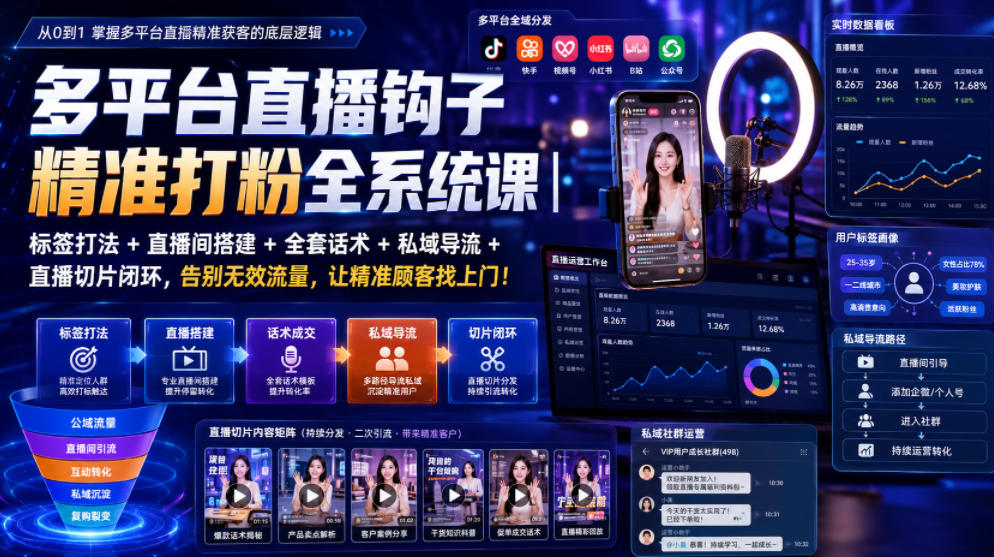 多平台直播钩子精准打粉全系统课|标签打法+直播间搭建+全套话术+私域导流+直播切片闭环,告别无效流量,让精准顾客找上门!-独家科技资源网