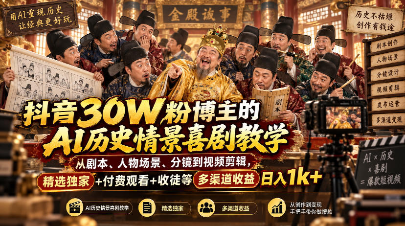 抖音30W粉博主的AI历史情景喜剧教学,从剧本、人物场景、分镜到视频剪辑,精选独家+付费观看+收徒等多渠道收益日入1k+-独家科技资源网