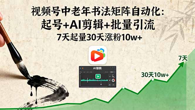 视频号中老年书法矩阵自动化：起号+AI剪辑+批量引流 7天起量30天涨粉10w+-独家科技资源网