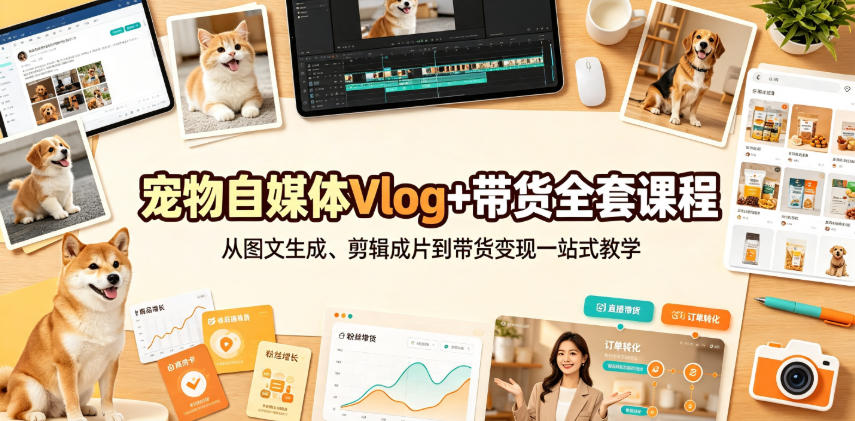宠物自媒体Vlog+带货全套课程｜从图文生成、剪辑成片到带货变现一站式教学-独家科技资源网