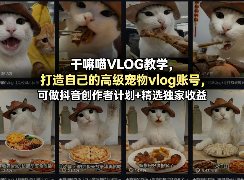 干嘛喵VLOG教学，打造自己的高级宠物vlog账号，可做抖音创作者计划+精选独家收益-独家科技资源网