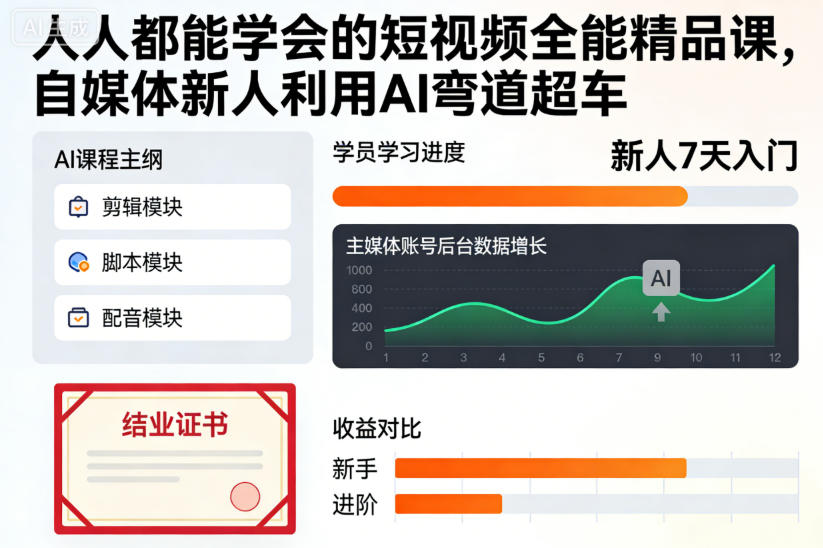 人人都能学会的短视频全能精品课，自媒体新人利用AI弯道超车-独家科技资源网