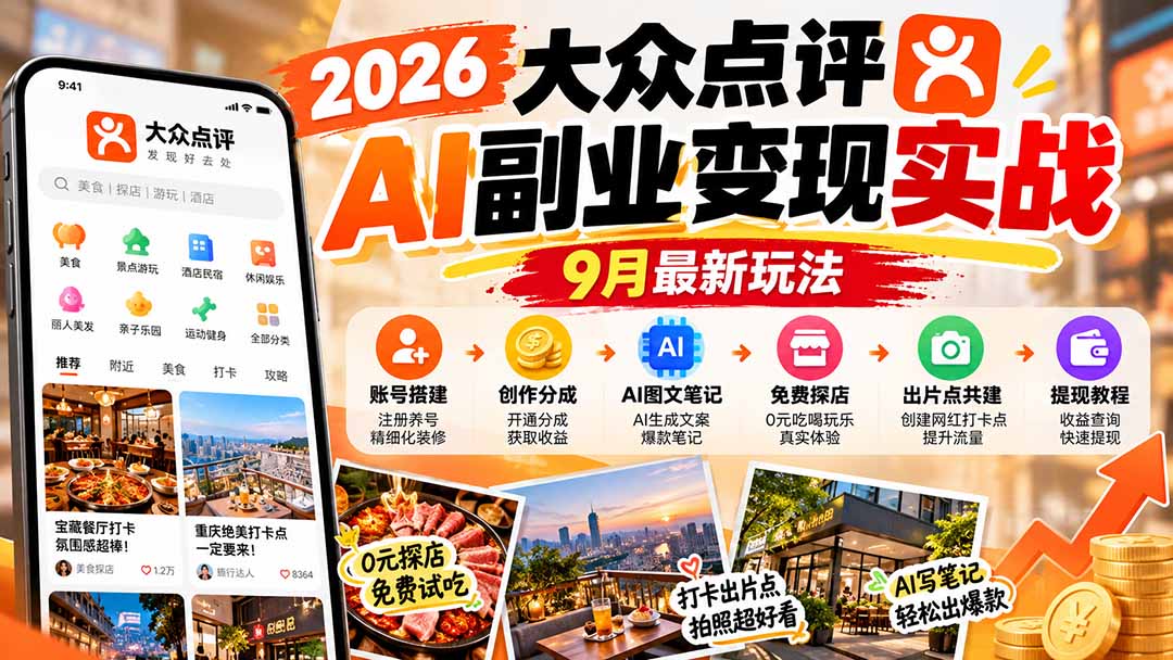 2026大众点评AI副业变现实战9月最新玩法：账号搭建+创作分成+AI图文笔记+免费探店+出片点共建与提现教程-独家科技资源网