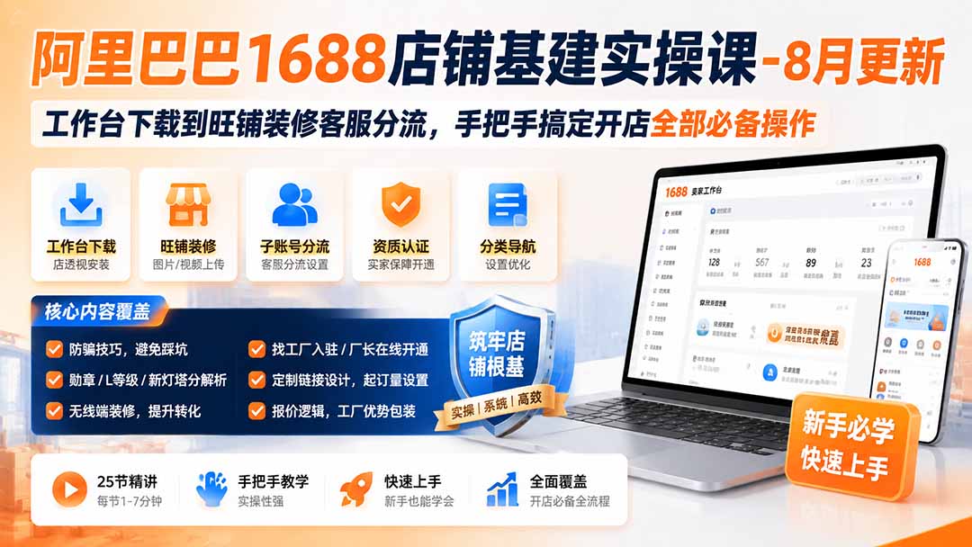阿里巴巴1688店铺基建实操课-8月更新;工作台下载到旺铺装修客服分流,手把手搞定开店全部必备操作-独家科技资源网