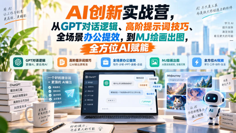 AI创新实战营，从GPT对话逻辑、高阶提示词技巧、全场景办公提效，到MJ绘画出图，全方位AI赋能-独家科技资源网