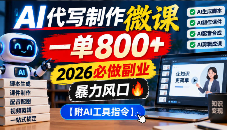 AI代写制作微课,一单800+,2026必做副业,暴力风口【附AI工具指令】【揭秘】-独家科技资源网