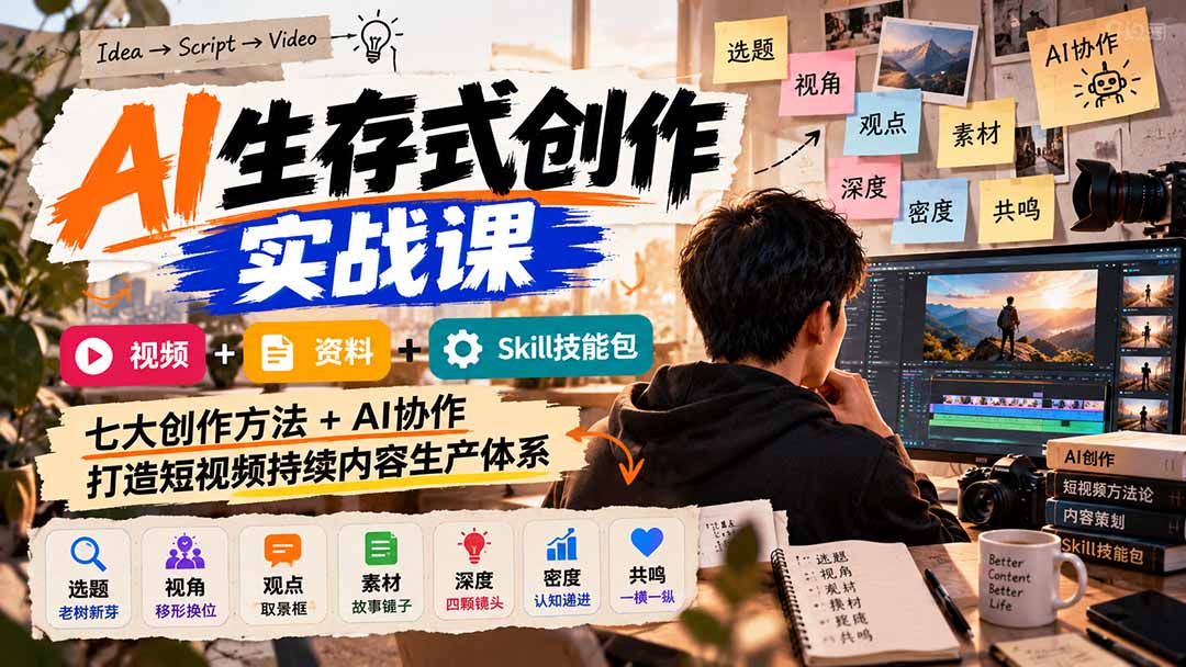 AI生存式创作实战课：视频+资料+Skill技能包，七大创作方法+AI协作，打造短视频持续内容生产体系-独家科技资源网