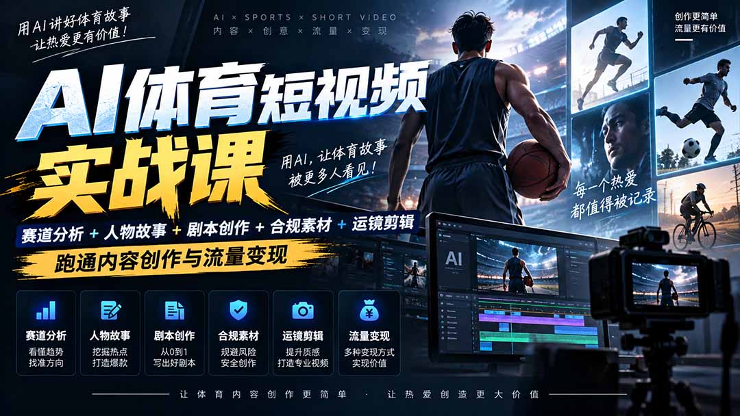 AI体育短视频赛道顶级玩法｜赛道分析+人物故事+剧本创作+版权处理+运镜剪辑，跑通流量变现-日赚1K+-独家科技资源网