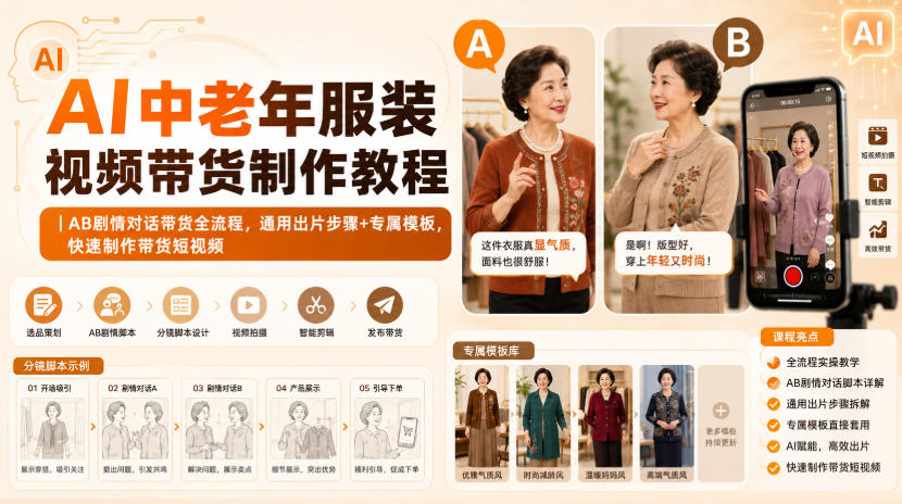 AI中老年服装视频带货制作教程|AB剧情对话带货全流程,通用出片步骤+专属模板,快速制作带货短视频-独家科技资源网