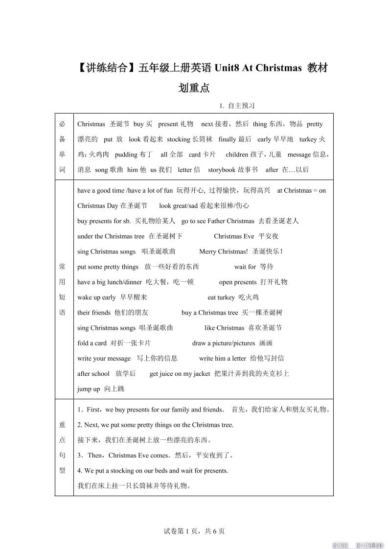 【单元热点难点】译林版（三起）英语五年级上册Unit8AtChristmas教材划重点-独家科技资源网