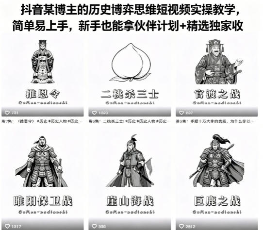 抖音某博主的历史博弈思维短视频实操教学，简单易上手，新手也能拿伙伴计划+精选独家收益-独家科技资源网