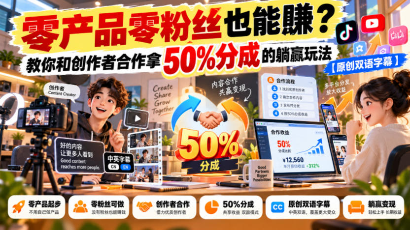 【无水印】零产品零粉丝也能賺？教你和创作者合作拿50%分成的躺赢玩法【原创双语字幕】-独家科技资源网