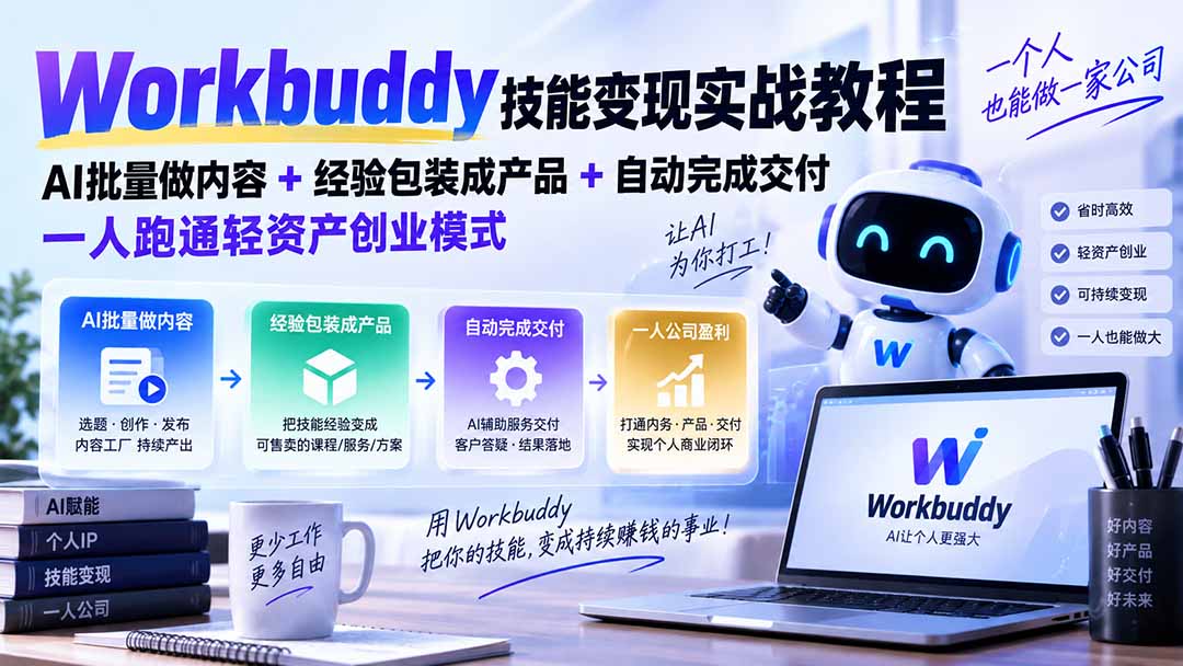 Workbuddy技能变现实战教程：AI批量做内容+经验包装成产品+自动完成交付，一人跑通轻资产创业模式-独家科技资源网