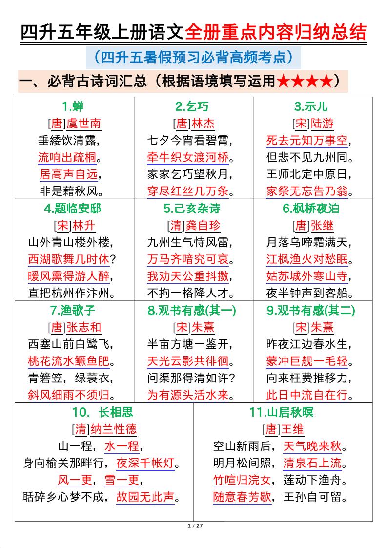 四升五年级上册语文全册重点内容归纳总结输出27页-五上语文-独家科技资源网