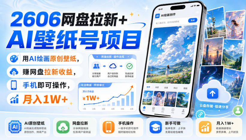 2606网盘拉新+AI壁纸号项目,用AI绘画原创壁纸,賺网盘拉新收益,手机即可操作,月入1W+-独家科技资源网