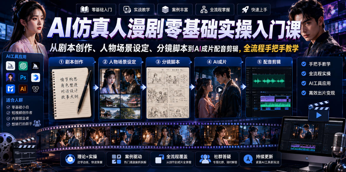 AI仿真人漫剧零基础实操入门课，从剧本创作、人物场景设定、分镜脚本到AI成片配音剪辑，全流程手把手教学-独家科技资源网