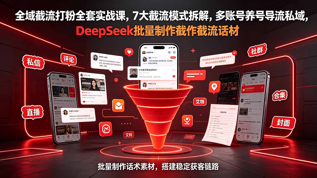全域截流打粉全套实战课,7大截流模式拆解,多账号养号导流私域,DeepSeek批量制作截流话术素材-独家科技资源网