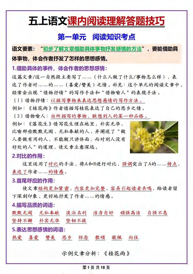 五年级上册语文课内阅读理解答题技巧-独家科技资源网
