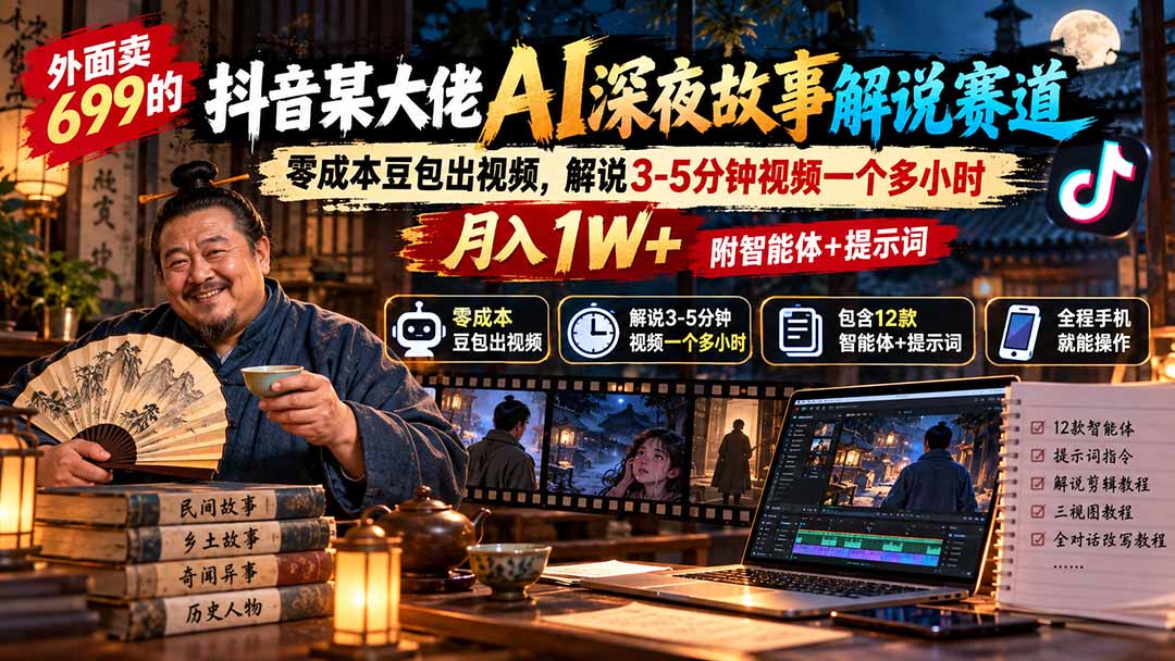 外面卖699抖音某大佬AI深夜故事解说赛道-更新：0成本豆包出视频+解说3-5分钟视频一个多小时，月入1W+附智能体+提示词-独家科技资源网