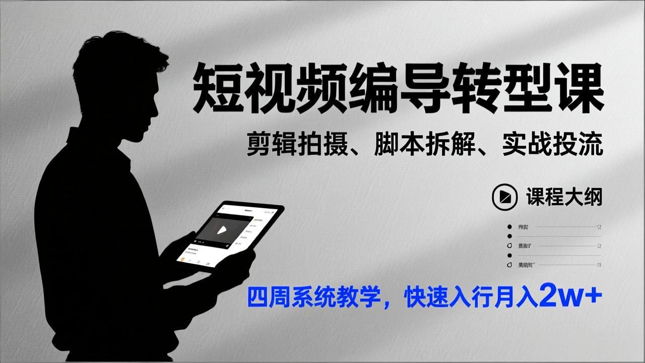 短视频编导转型课，剪辑拍摄、脚本拆解、实战投流，四周系统教学，快速入行月入2w+-独家科技资源网