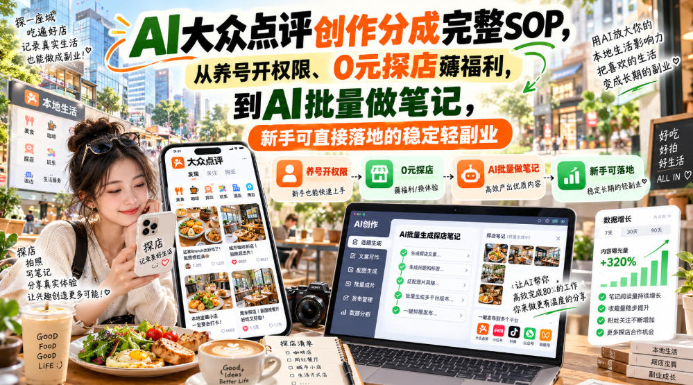 【无水印】AI大众点评创作分成完整SOP，从养号开权限、0元探店薅福利，到AI批量做笔记，新手可直接落地的稳定轻副业-独家科技资源网