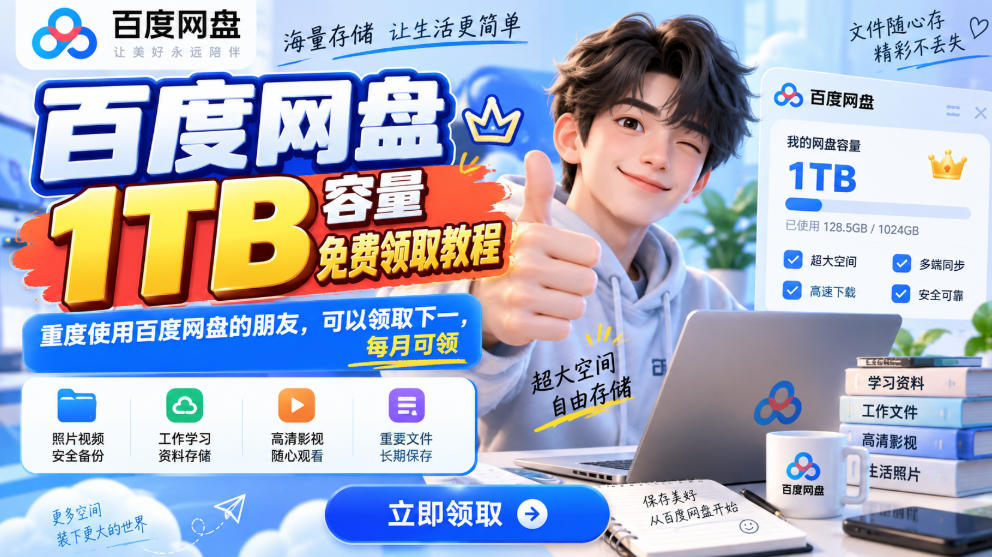 百度网盘1TB容量免费领取教程，重度使用百度网盘的朋友，可以领取下一，每月可领-独家科技资源网