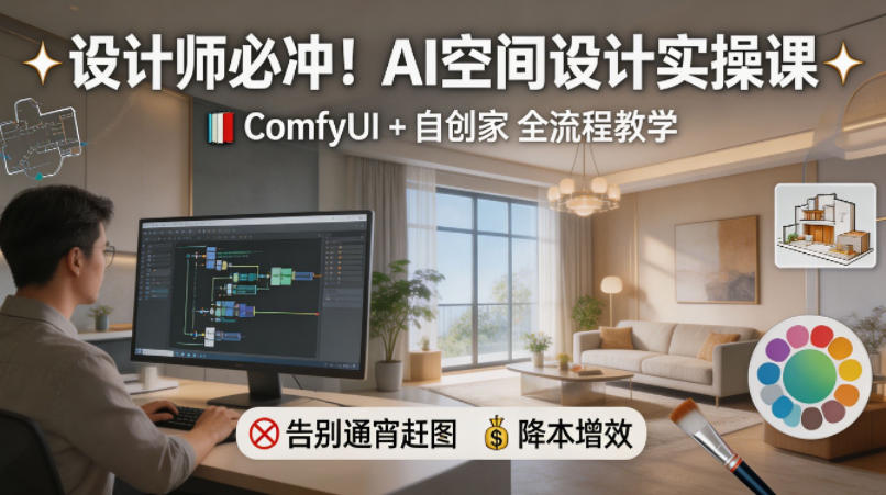 设计师必冲！AI空间设计实操课，ComfyUI+自创家全教学，告别通宵赶图，降本增效-独家科技资源网