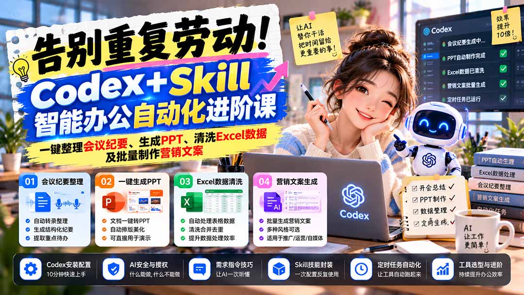 告别重复劳动！Codex+Skill智能办公自动化进阶课：一键整理会议纪要、生成PPT、清洗Excel数据及批量制作营销文案-独家科技资源网