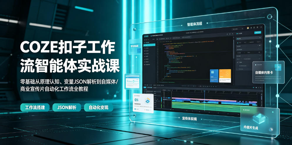 COZE扣子工作流智能体实战课｜零基础从原理认知、变量JSON解析到自媒体/商业宣传片自动化工作流全教程-独家科技资源网