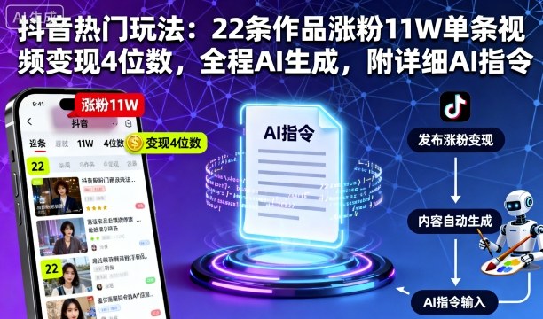 抖音热门玩法：22条作品涨粉11W单条视频变现4位数，全程AI生成，附详细AI指令-独家科技资源网
