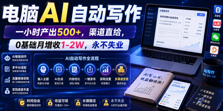 电脑AI自动写作,一小时产出500+,渠道直给,0基础月增收1-2W,永不失业【揭秘】-独家科技资源网