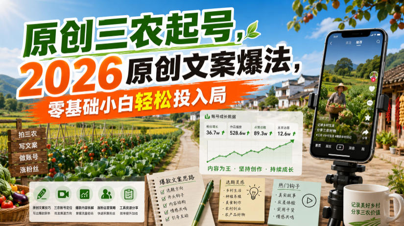 原创三农起号,2026原创文案爆法,零基础小白轻松投入局-独家科技资源网