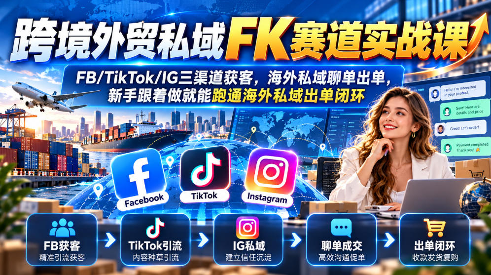跨境外贸私域FK赛道实战课|FB/TikTok/IG三渠道获客,海外私域聊单出单,新手跟着做就能跑通海外私域出单闭环-独家科技资源网