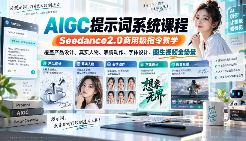 AIGC提示词系统课程，Seedance2.0商用级指令教学，覆盖产品设计、真实人物、表情动作、字体设计、图生视频全场景-独家科技资源网