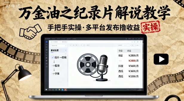 万金油之纪录片解说教学，手把手教你，完全实操，多平台发布撸收益-独家科技资源网