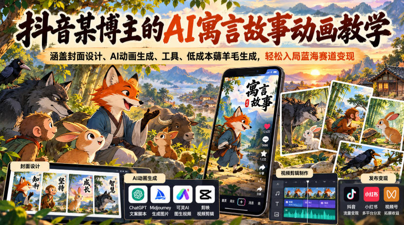抖音某博主的AI寓言故事动画教学，涵盖封面设计、AI动画生成、工具、低成本薅羊毛生成，轻松入局蓝海赛道变现-独家科技资源网