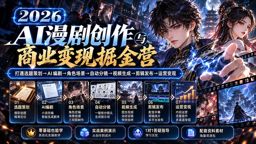 【无水印】2026AI漫剧创作与商业变现掘金营：打通选题→AI编剧→角色场景→自动分镜→视频生成→剪辑发布→运营变现-独家科技资源网